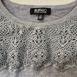 Buffalo David Bitton Gray Lace Detailing @Yoke, Long Sleeved Sweater, large A+++